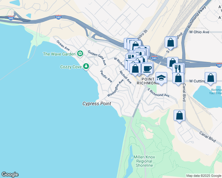 map of restaurants, bars, coffee shops, grocery stores, and more near Washington Court in Richmond
