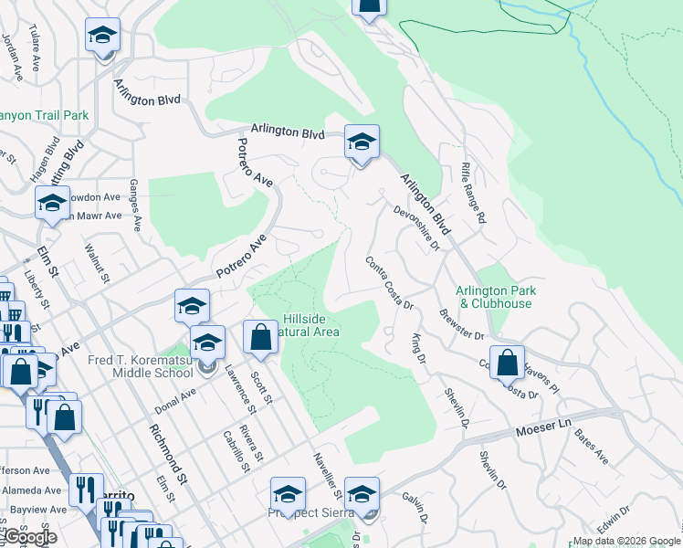 map of restaurants, bars, coffee shops, grocery stores, and more near 1531 Regency Court in El Cerrito