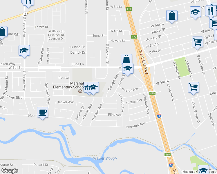 map of restaurants, bars, coffee shops, grocery stores, and more near 2423 Georgia Avenue in Stockton