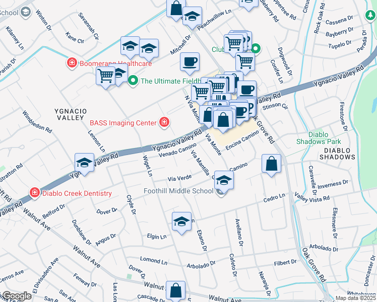 map of restaurants, bars, coffee shops, grocery stores, and more near 107 Vía Mantilla in Walnut Creek