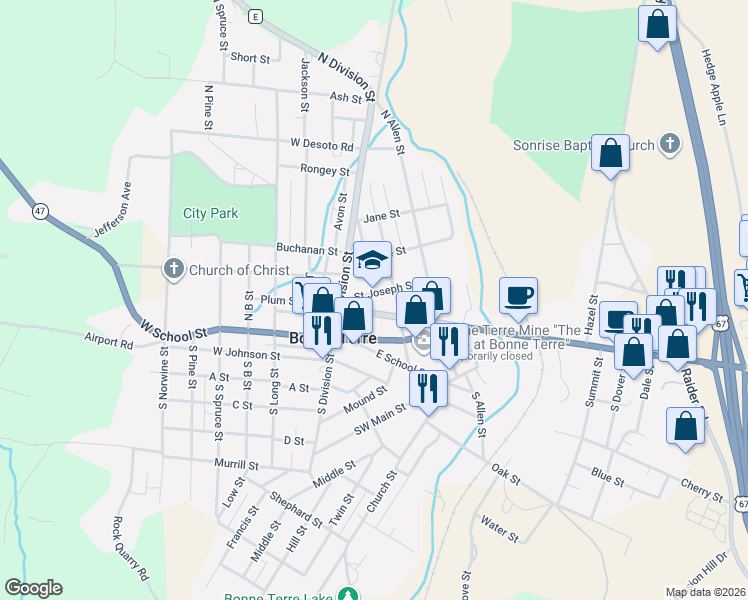 map of restaurants, bars, coffee shops, grocery stores, and more near 25 Saint Joseph Street in Bonne Terre