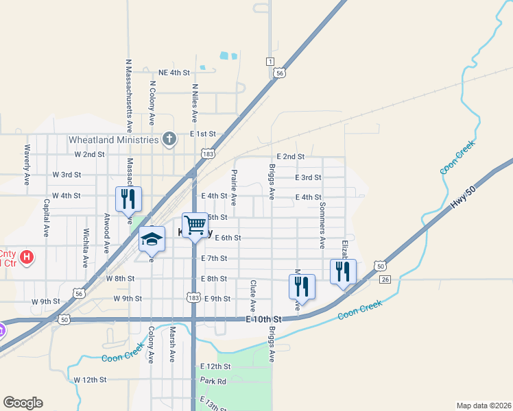map of restaurants, bars, coffee shops, grocery stores, and more near 400-498 Edwards Avenue in Kinsley