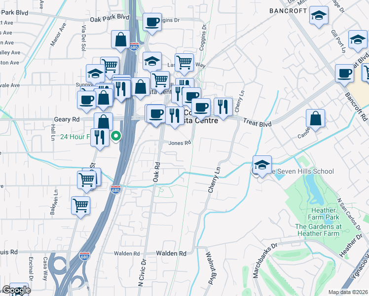 map of restaurants, bars, coffee shops, grocery stores, and more near 31 Birch Drive in Walnut Creek