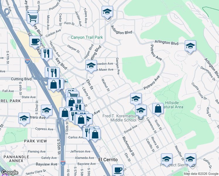 map of restaurants, bars, coffee shops, grocery stores, and more near 7121 Blake Street in El Cerrito