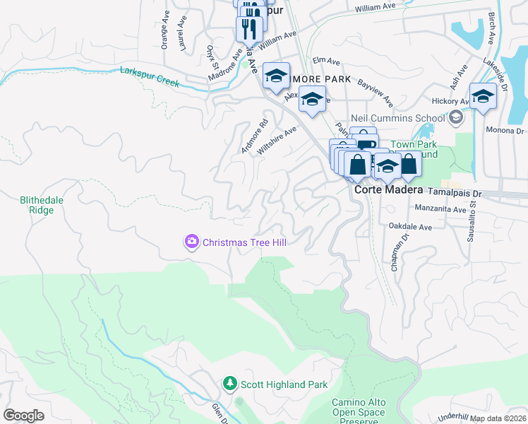 map of restaurants, bars, coffee shops, grocery stores, and more near 74 Summit Drive in Corte Madera