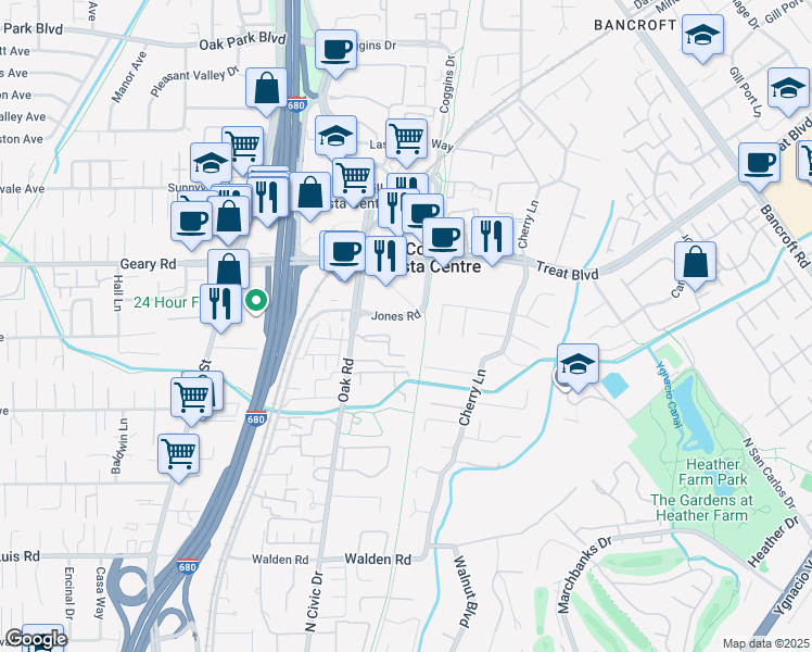 map of restaurants, bars, coffee shops, grocery stores, and more near 31 Birch Drive in Walnut Creek