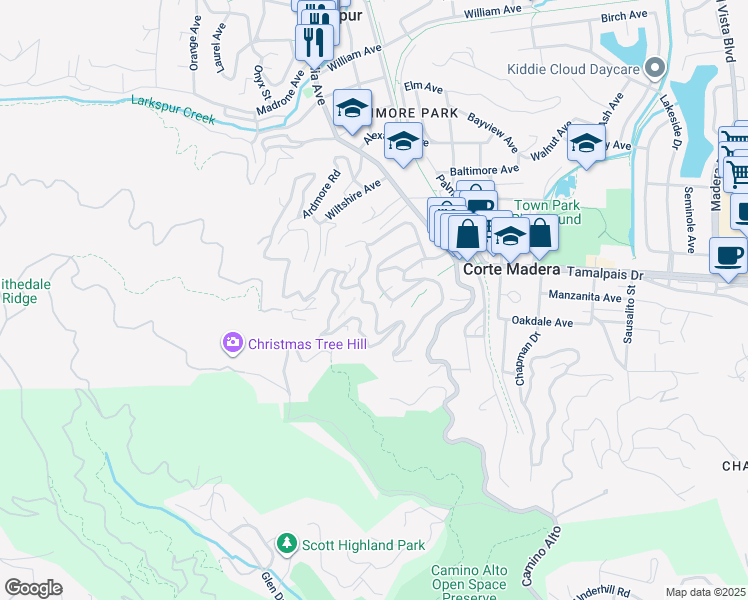 map of restaurants, bars, coffee shops, grocery stores, and more near 219 Morningside Drive in Corte Madera