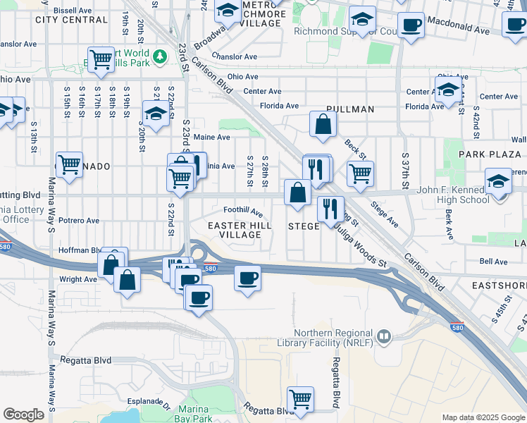 map of restaurants, bars, coffee shops, grocery stores, and more near 2757 Foothill Avenue in Richmond