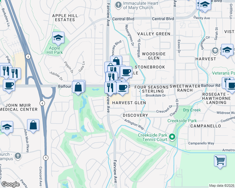 map of restaurants, bars, coffee shops, grocery stores, and more near 3132 Balfour Road in Brentwood