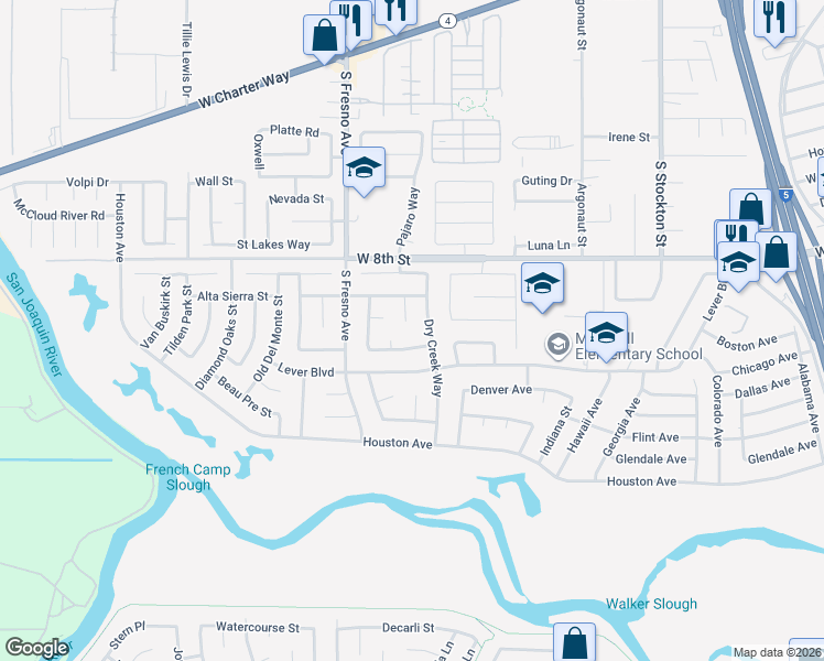 map of restaurants, bars, coffee shops, grocery stores, and more near 2412 Silverado Court in Stockton