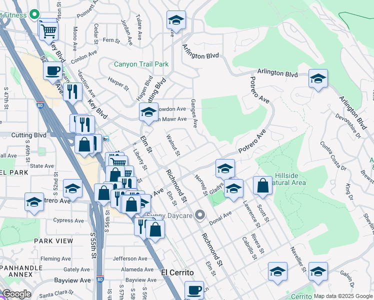 map of restaurants, bars, coffee shops, grocery stores, and more near 7121 Blake Street in El Cerrito