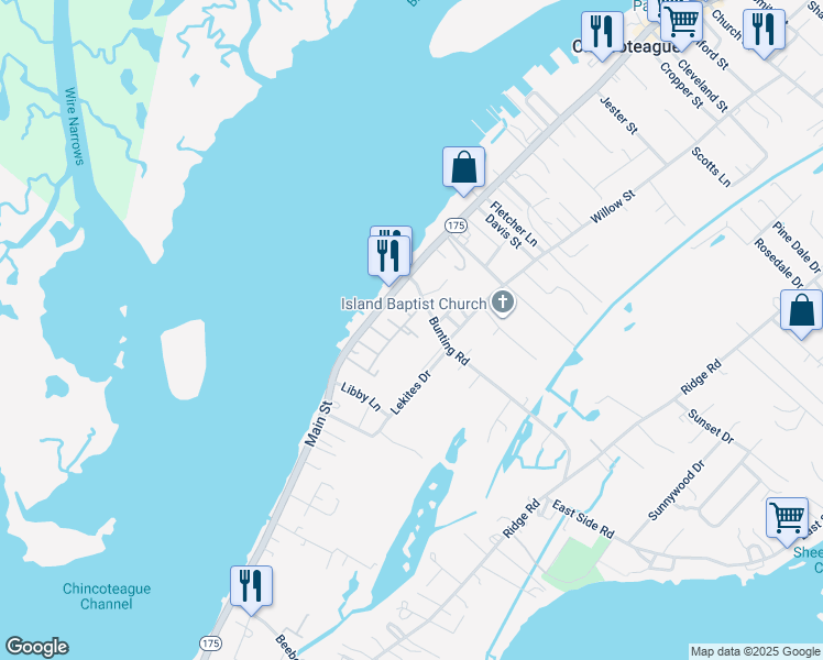 map of restaurants, bars, coffee shops, grocery stores, and more near in Chincoteague