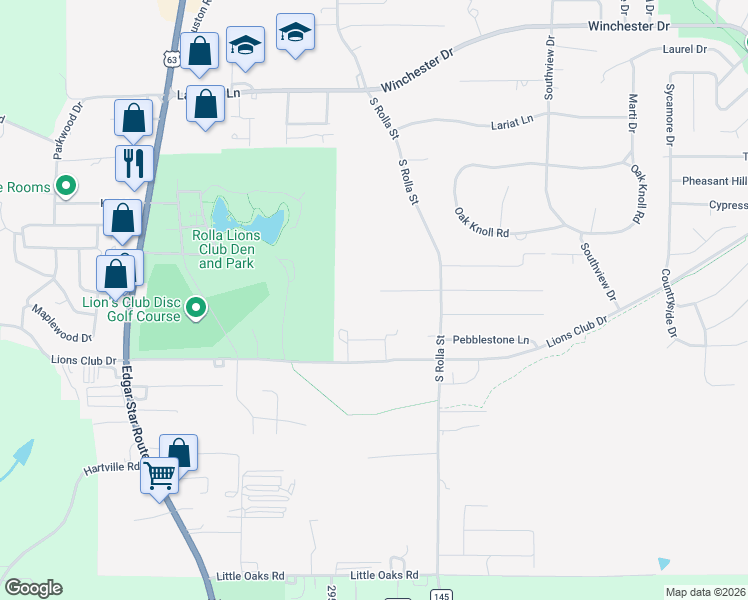 map of restaurants, bars, coffee shops, grocery stores, and more near 123 Shady Lane in Rolla