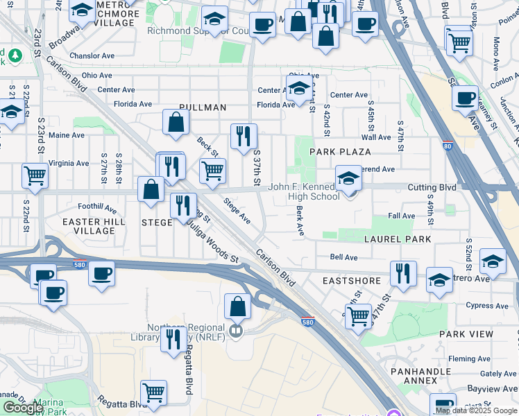 map of restaurants, bars, coffee shops, grocery stores, and more near 551 South 37th Street in Richmond