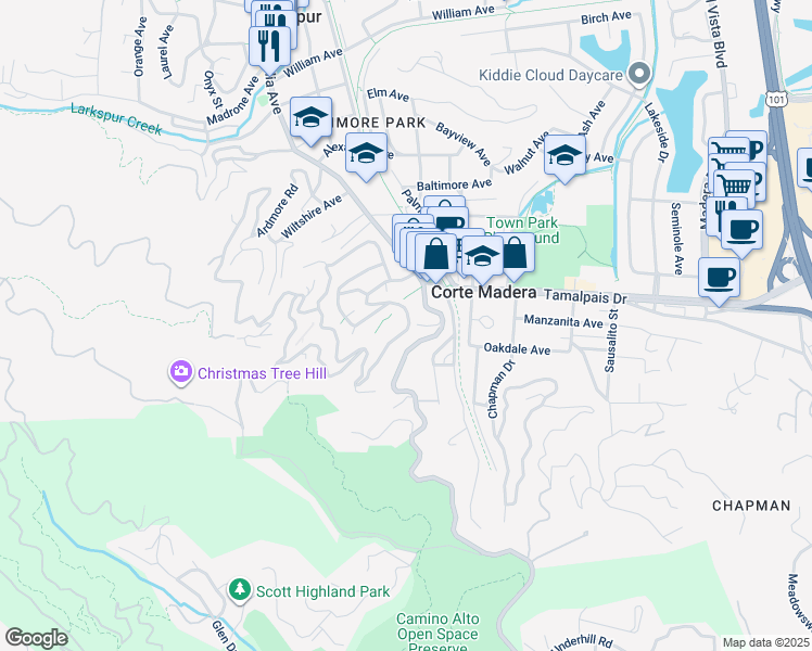 map of restaurants, bars, coffee shops, grocery stores, and more near 430 Redwood Avenue in Corte Madera