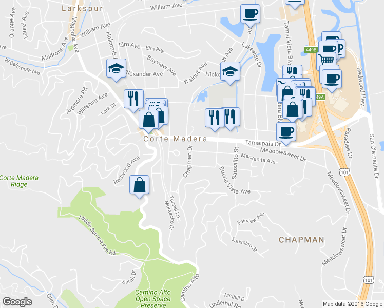 map of restaurants, bars, coffee shops, grocery stores, and more near 401 Manzanita Avenue in Corte Madera