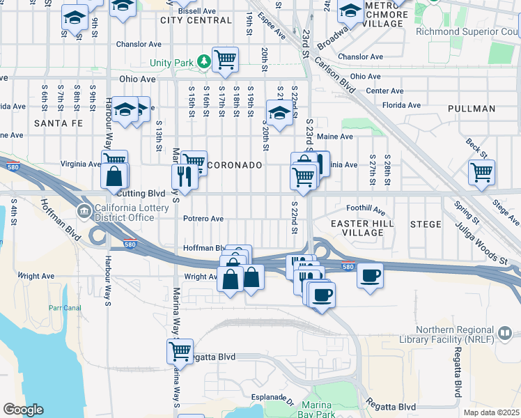 map of restaurants, bars, coffee shops, grocery stores, and more near 535 South 20th Street in Richmond