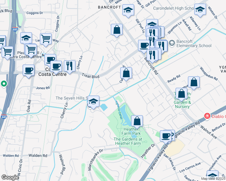 map of restaurants, bars, coffee shops, grocery stores, and more near 1007 Northoak Drive in Walnut Creek