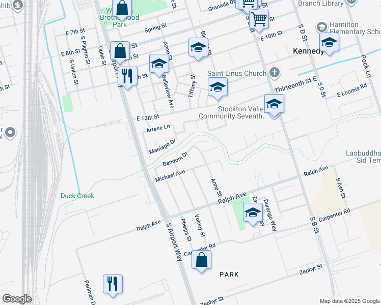 map of restaurants, bars, coffee shops, grocery stores, and more near 2908 Bandoni Court in Stockton
