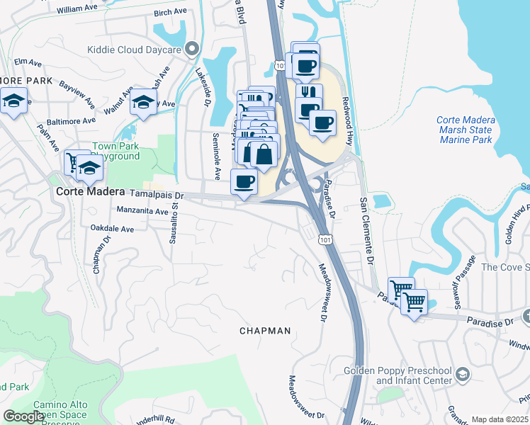 map of restaurants, bars, coffee shops, grocery stores, and more near 706 Meadowsweet Drive in Corte Madera