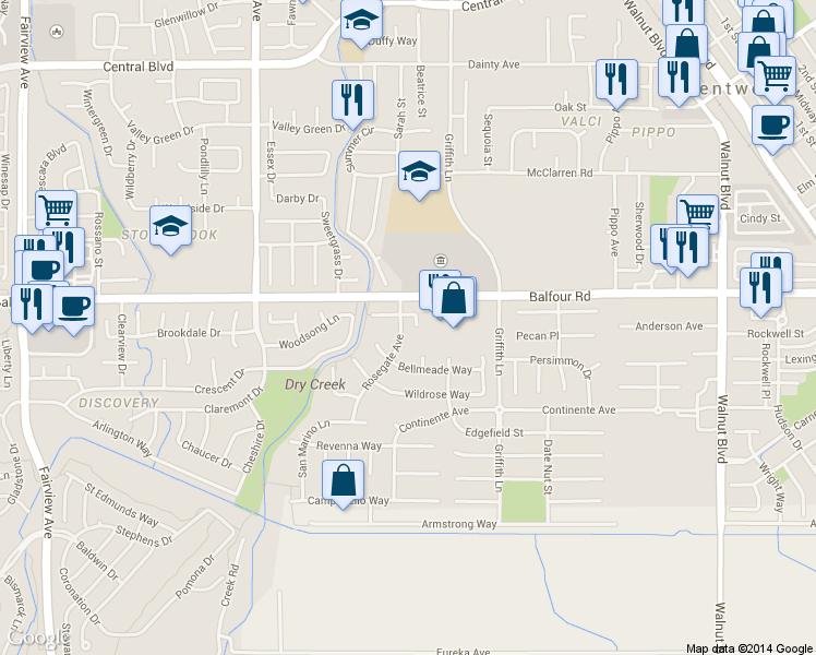 map of restaurants, bars, coffee shops, grocery stores, and more near 621 Avington Court in Brentwood