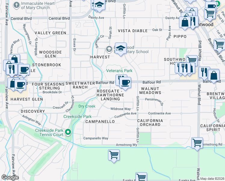 map of restaurants, bars, coffee shops, grocery stores, and more near 621 Avington Court in Brentwood