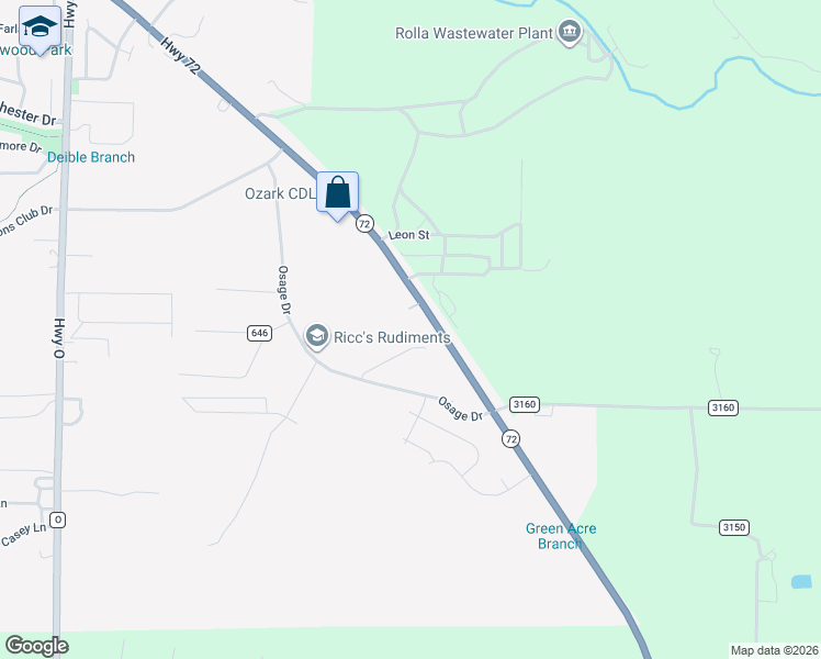 map of restaurants, bars, coffee shops, grocery stores, and more near 1879 Longview Lane in Rolla