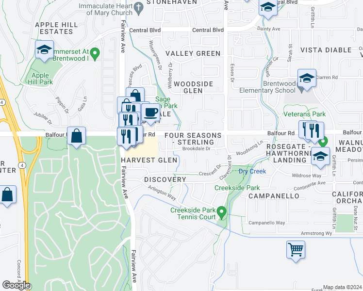 map of restaurants, bars, coffee shops, grocery stores, and more near 1205 Brookdale Drive in Brentwood