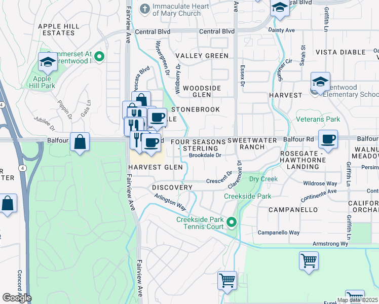 map of restaurants, bars, coffee shops, grocery stores, and more near 1205 Brookdale Drive in Brentwood