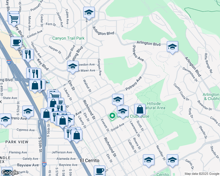 map of restaurants, bars, coffee shops, grocery stores, and more near 7231 Plank Avenue in El Cerrito