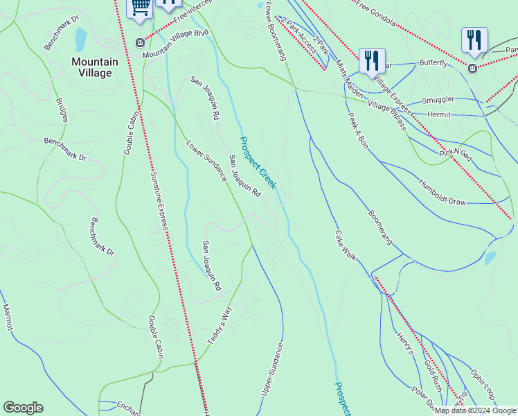 map of restaurants, bars, coffee shops, grocery stores, and more near 158 San Joaquin Road in Mountain Village
