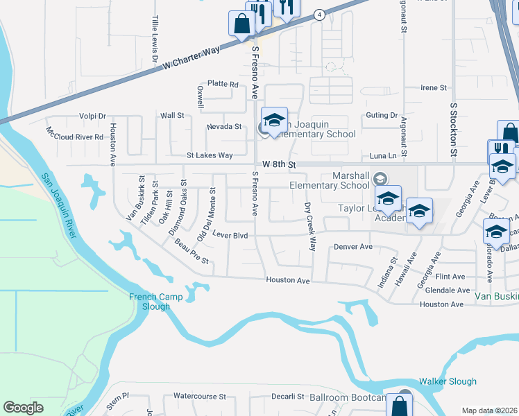 map of restaurants, bars, coffee shops, grocery stores, and more near 2417 South Fresno Avenue in Stockton