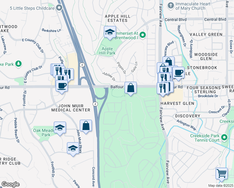 map of restaurants, bars, coffee shops, grocery stores, and more near 1800 Jubilee Drive in Brentwood