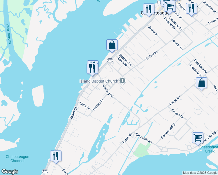 map of restaurants, bars, coffee shops, grocery stores, and more near 3327 Willow Street in Chincoteague