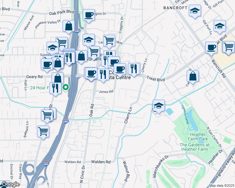 map of restaurants, bars, coffee shops, grocery stores, and more near 31 Birch Drive in Walnut Creek