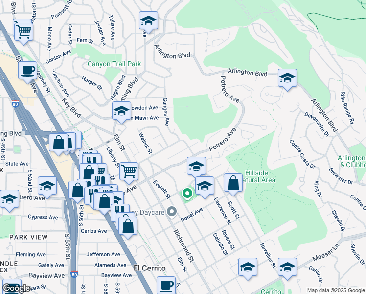 map of restaurants, bars, coffee shops, grocery stores, and more near 7231 Plank Avenue in El Cerrito