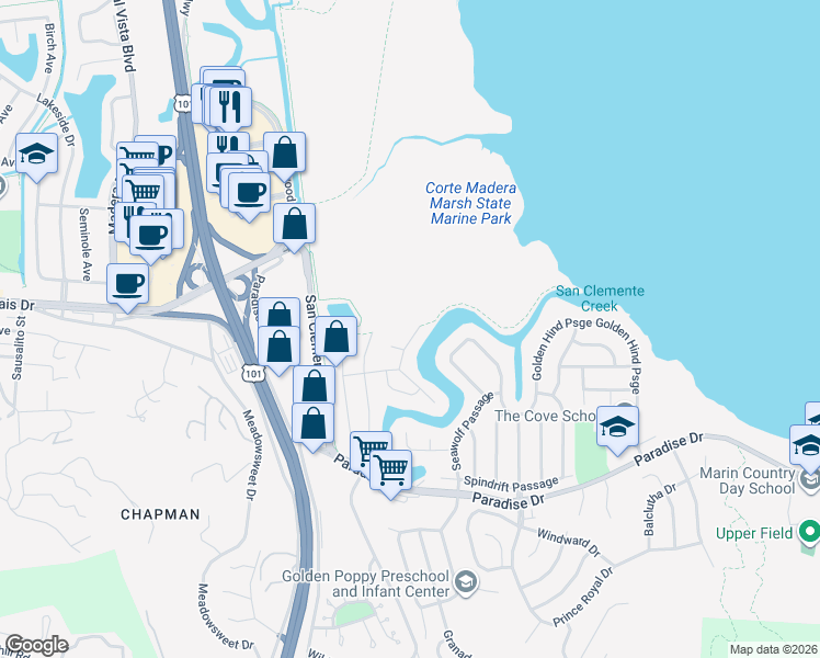 map of restaurants, bars, coffee shops, grocery stores, and more near 26 Channel Drive in Corte Madera
