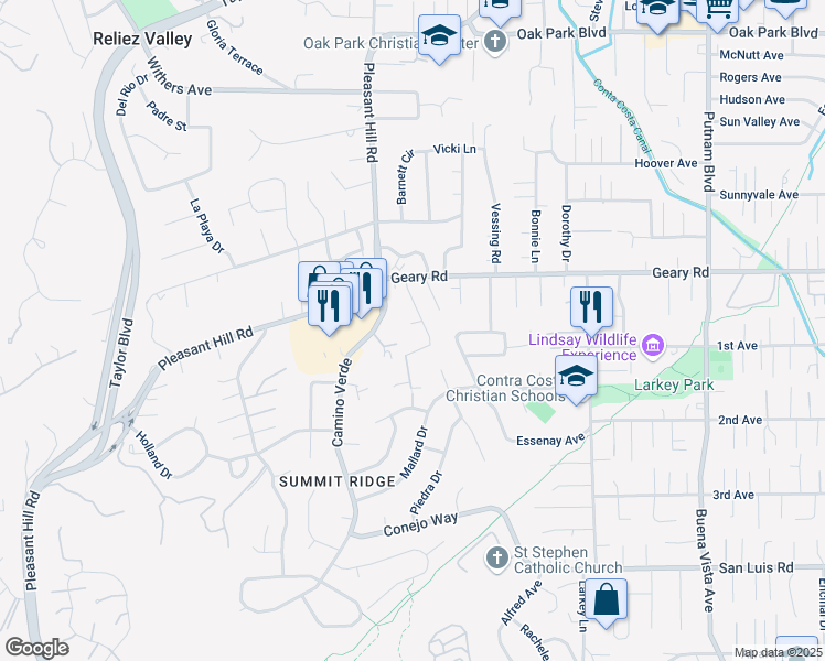 map of restaurants, bars, coffee shops, grocery stores, and more near 3 James Court in Walnut Creek