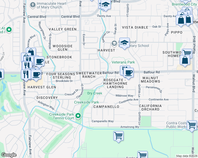map of restaurants, bars, coffee shops, grocery stores, and more near 820 Woodsong Lane in Brentwood