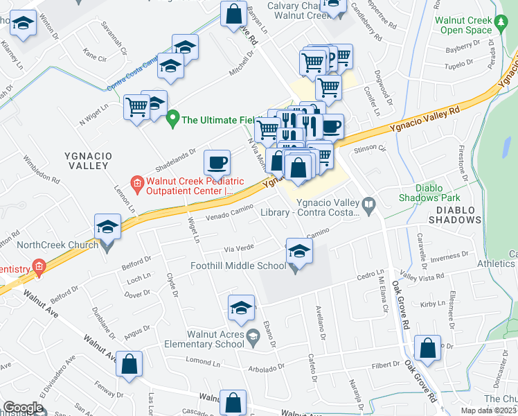 map of restaurants, bars, coffee shops, grocery stores, and more near 108 Vía Mantilla in Walnut Creek