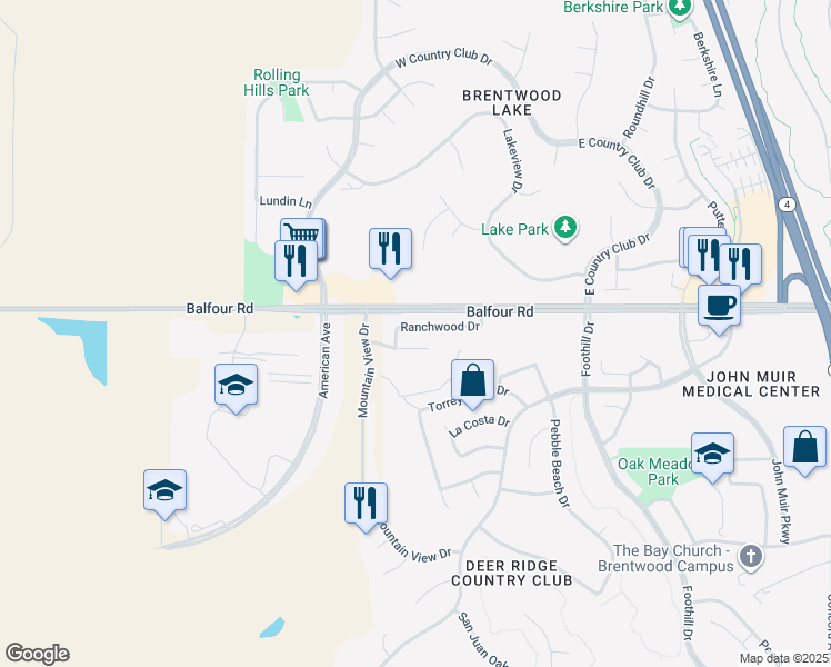 map of restaurants, bars, coffee shops, grocery stores, and more near 2636 Ranchwood Drive in Brentwood