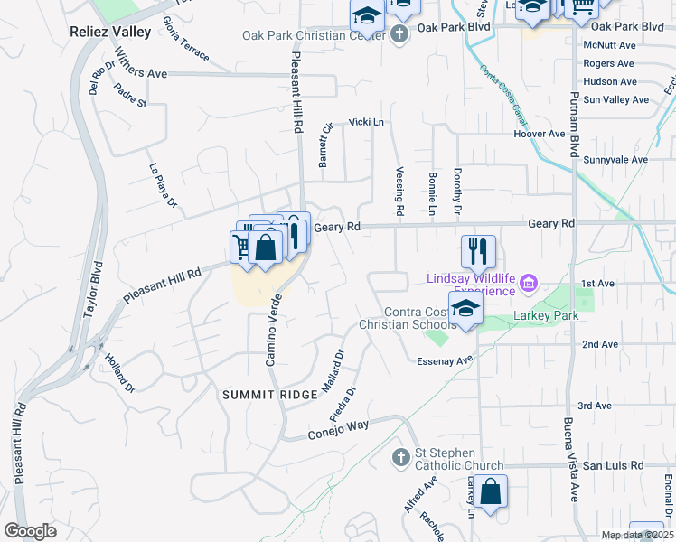 map of restaurants, bars, coffee shops, grocery stores, and more near 2843 Melillo Drive in Walnut Creek