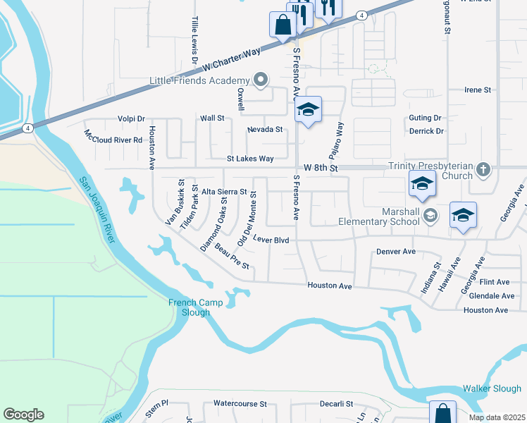 map of restaurants, bars, coffee shops, grocery stores, and more near 2413 Little Aston Way in Stockton