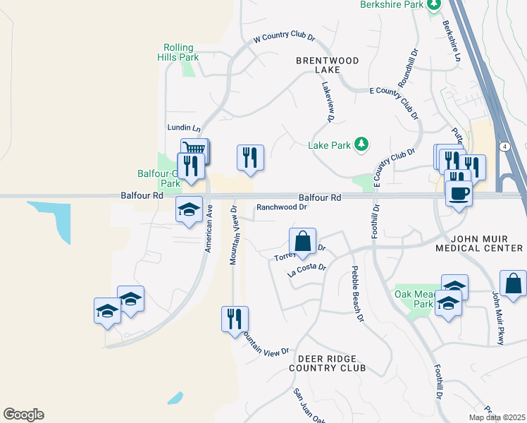 map of restaurants, bars, coffee shops, grocery stores, and more near 2638 Ranchwood Drive in Brentwood