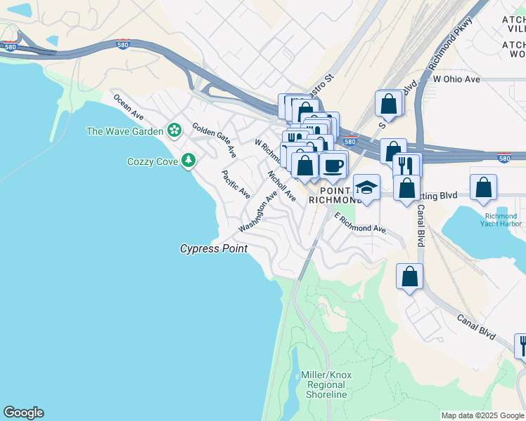 map of restaurants, bars, coffee shops, grocery stores, and more near 421 Washington Avenue in Richmond