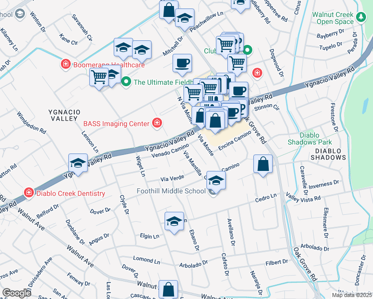 map of restaurants, bars, coffee shops, grocery stores, and more near 108 Vía Mantilla in Walnut Creek