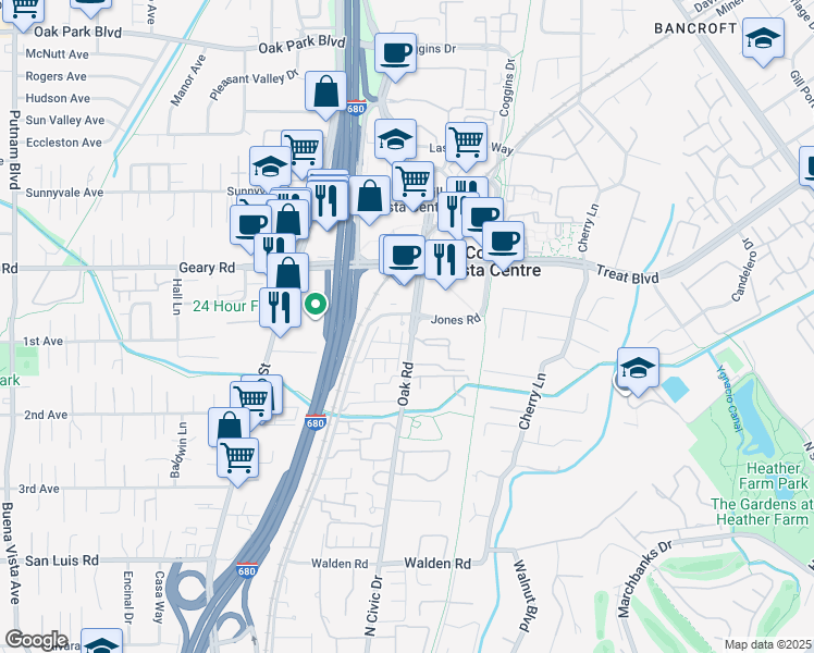 map of restaurants, bars, coffee shops, grocery stores, and more near 11 Oak Treat Court in Walnut Creek