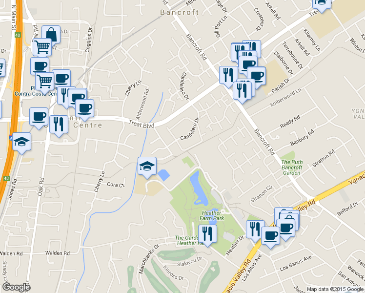 map of restaurants, bars, coffee shops, grocery stores, and more near 1004 Northoak Drive in Walnut Creek