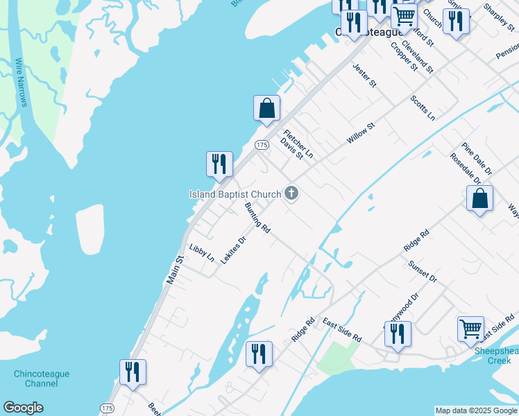 map of restaurants, bars, coffee shops, grocery stores, and more near 3327 Willow Street in Chincoteague