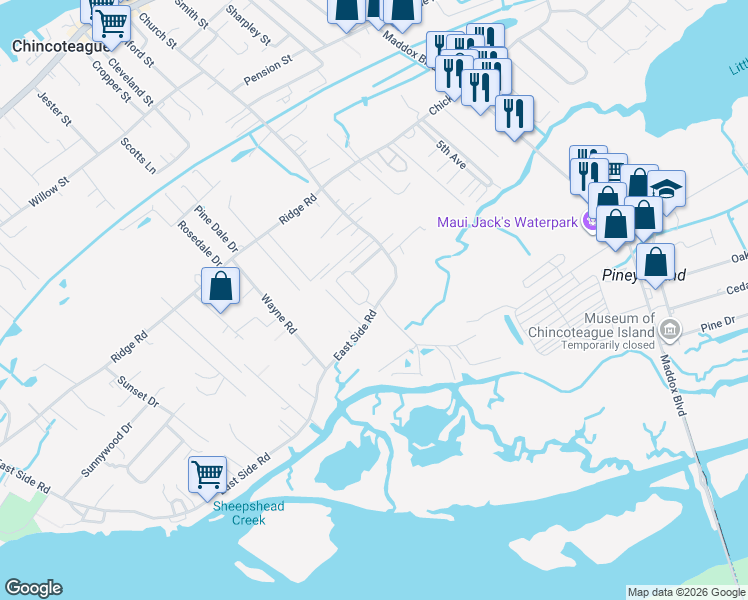 map of restaurants, bars, coffee shops, grocery stores, and more near 7118-7144 Thomas Circle in Chincoteague Island